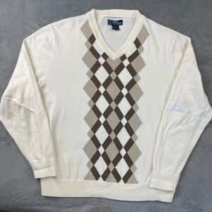 PGA Tour Sweater Mens M White Brown Argyle V-Neck 100% Cotton Long Sleeve Golf
